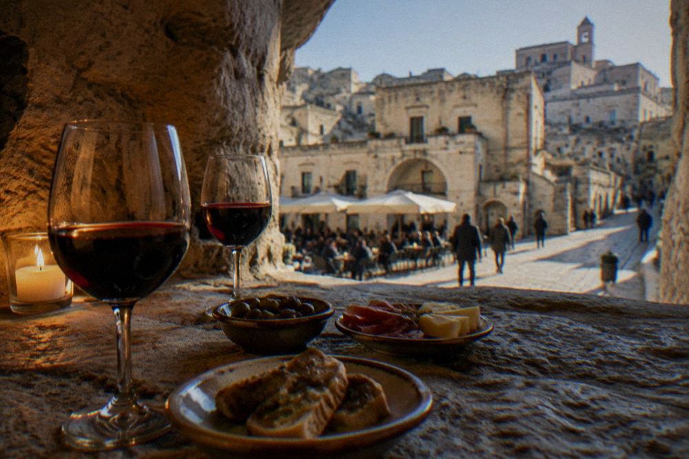 Glasses of red wine and small plates on a stone ledge inside a candle-lit cave cellar